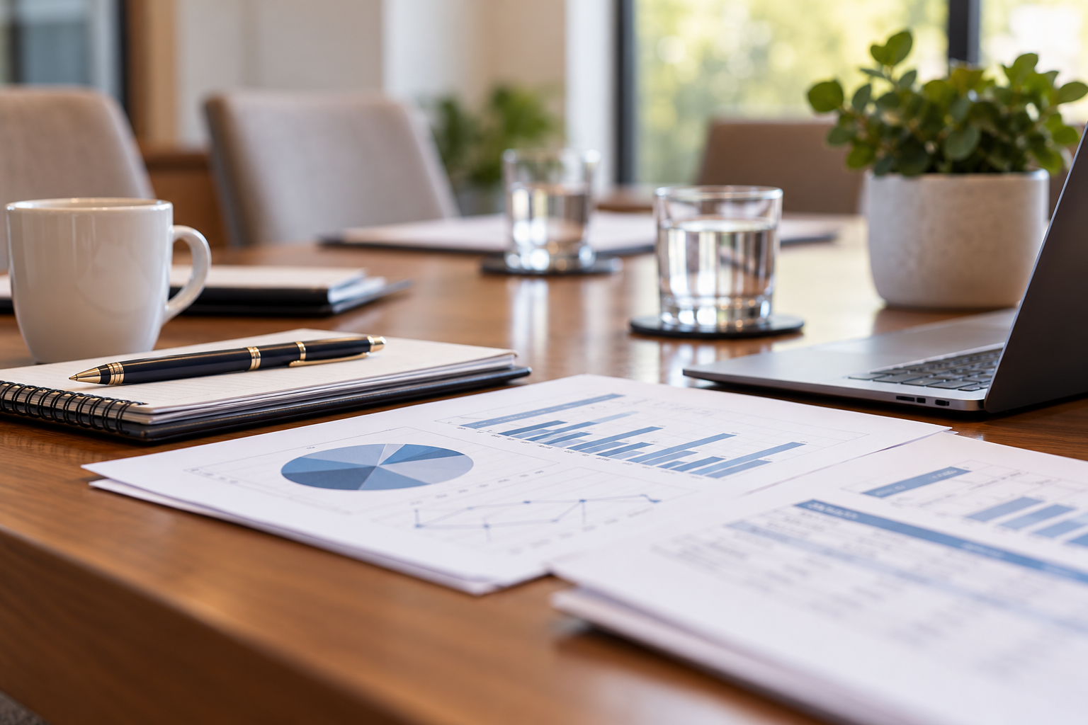Association Financial Stewardship Financial reports with charts and graphs on a boardroom table, ready for an association board meeting